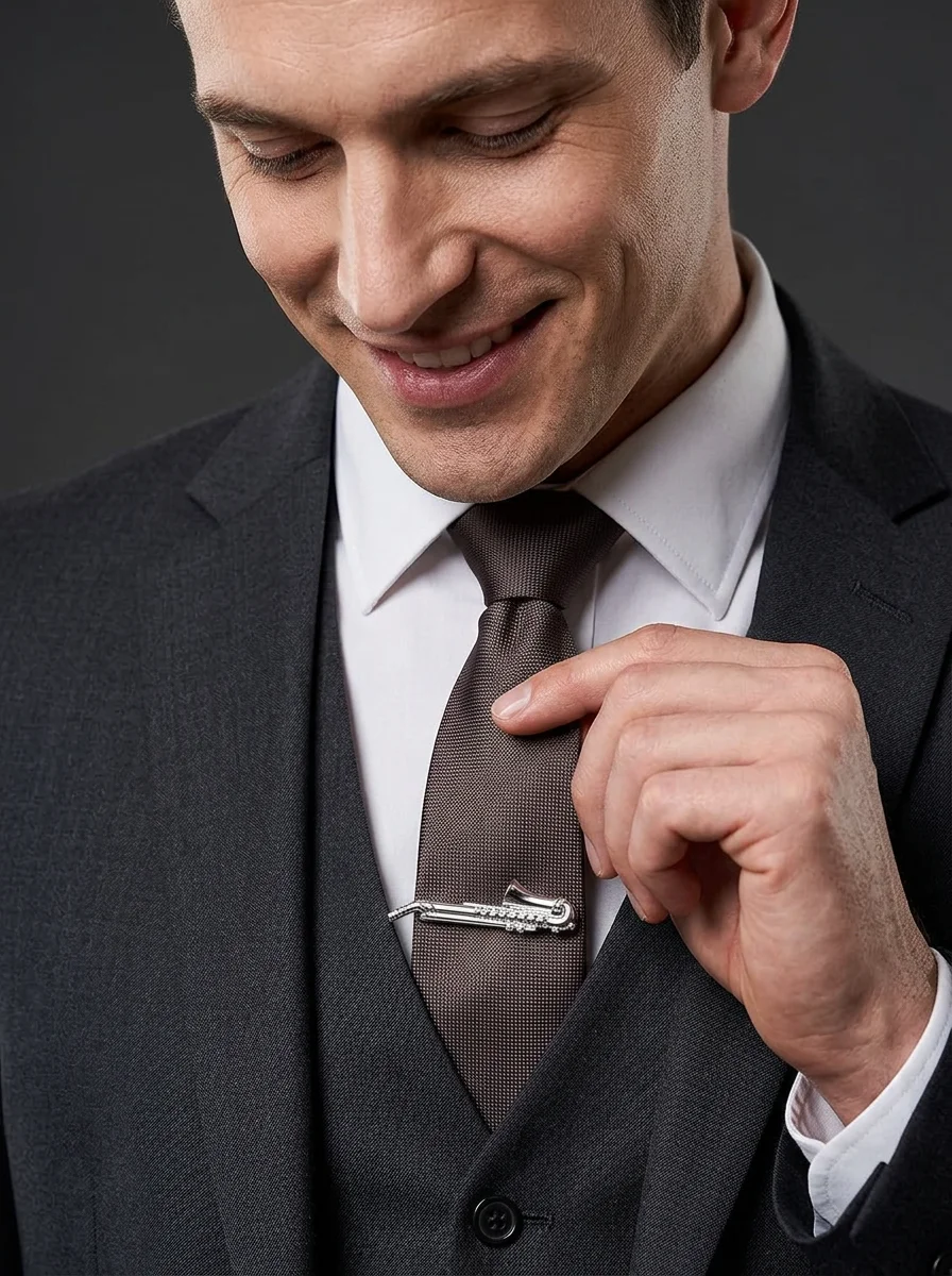 Saxophone Shaped Tie Clip for Men Necktie Pin Fun Unique Musical Instrument Design Gentleman Business Suit Tie Bar Formal