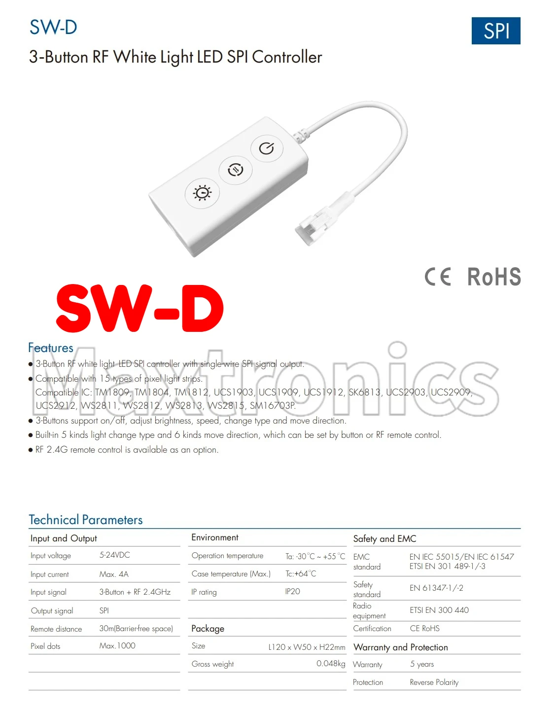 5-24VDC 3-Button RF LED SPI Controller SW-D Built-in 5 Kinds Light for White Light LED SPI Pixel Strip Lamp WS2811 WS2812 WS2815