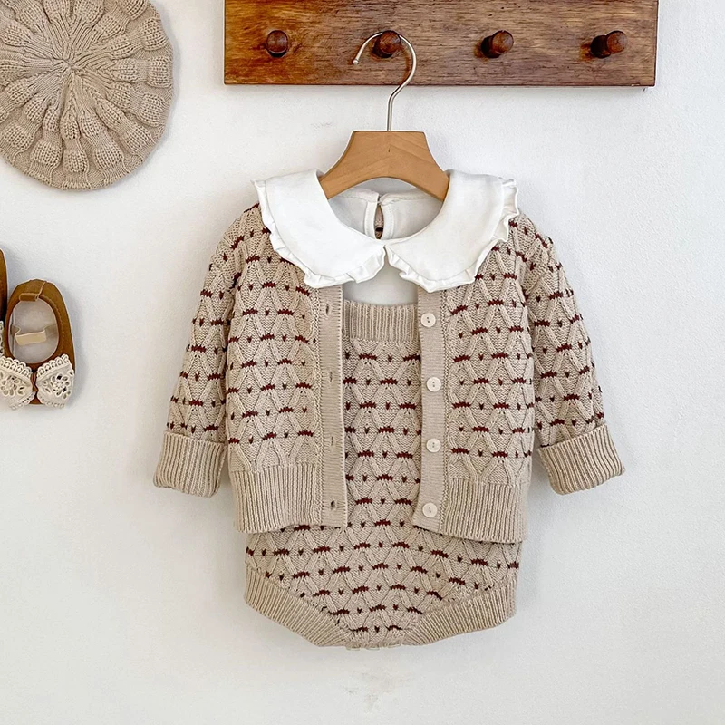 2025 New Autumn 0-3Yrs Toddler Baby Girl Clothes Set Long Sleeved Knitted Cardigan+Jumpsuit Infant Baby Girls Clothing Suit