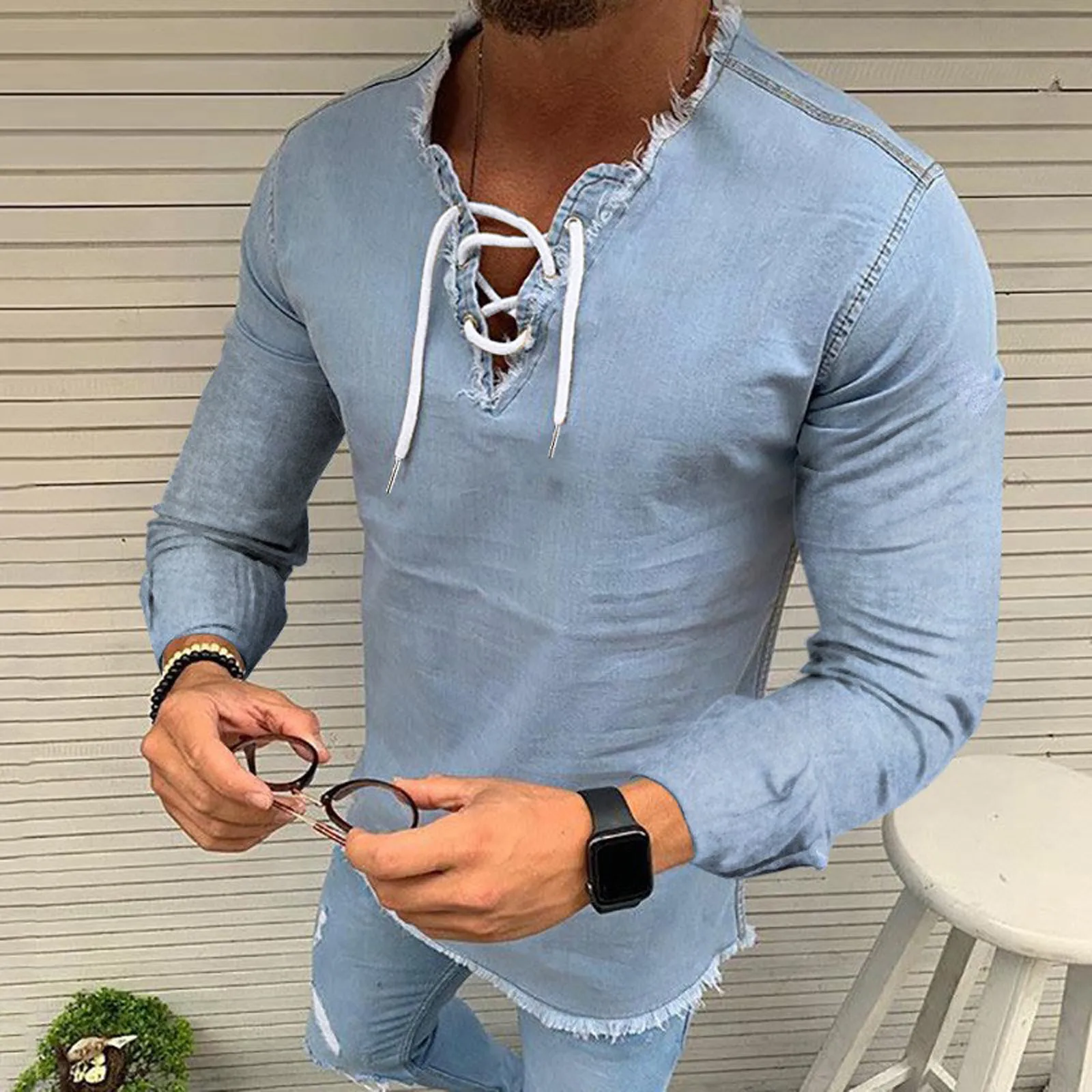 Men V-Neck Shirts Vintage Spring Autumn Denim Drawstrings Long Sleeve Front Lace Up Shirts Medieval Tunic Roman Shirts Halloween