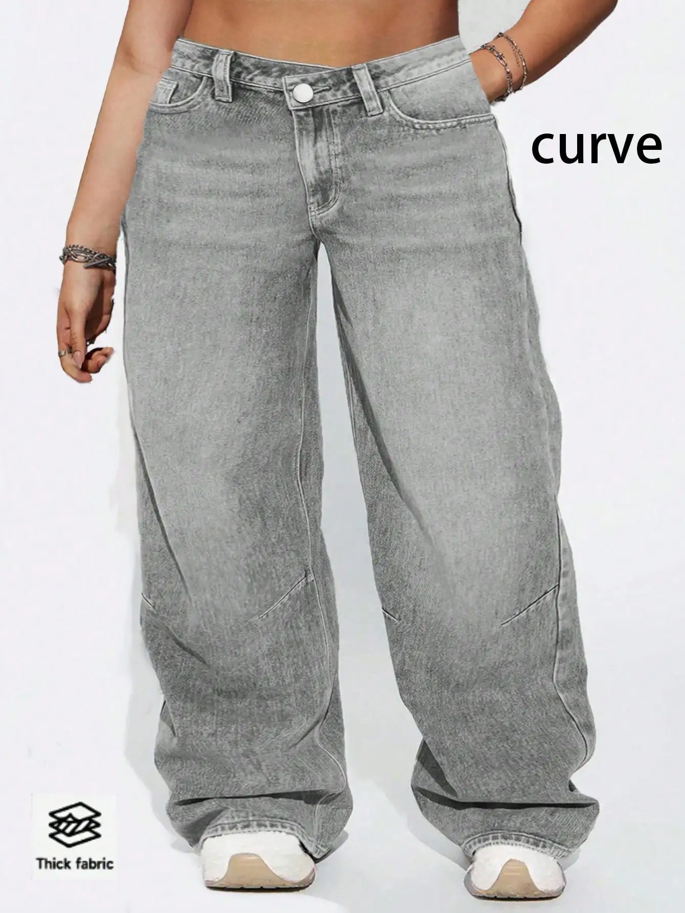 

Plus Size Wide Leg Denim Pants with Distressed Wash and High Waist