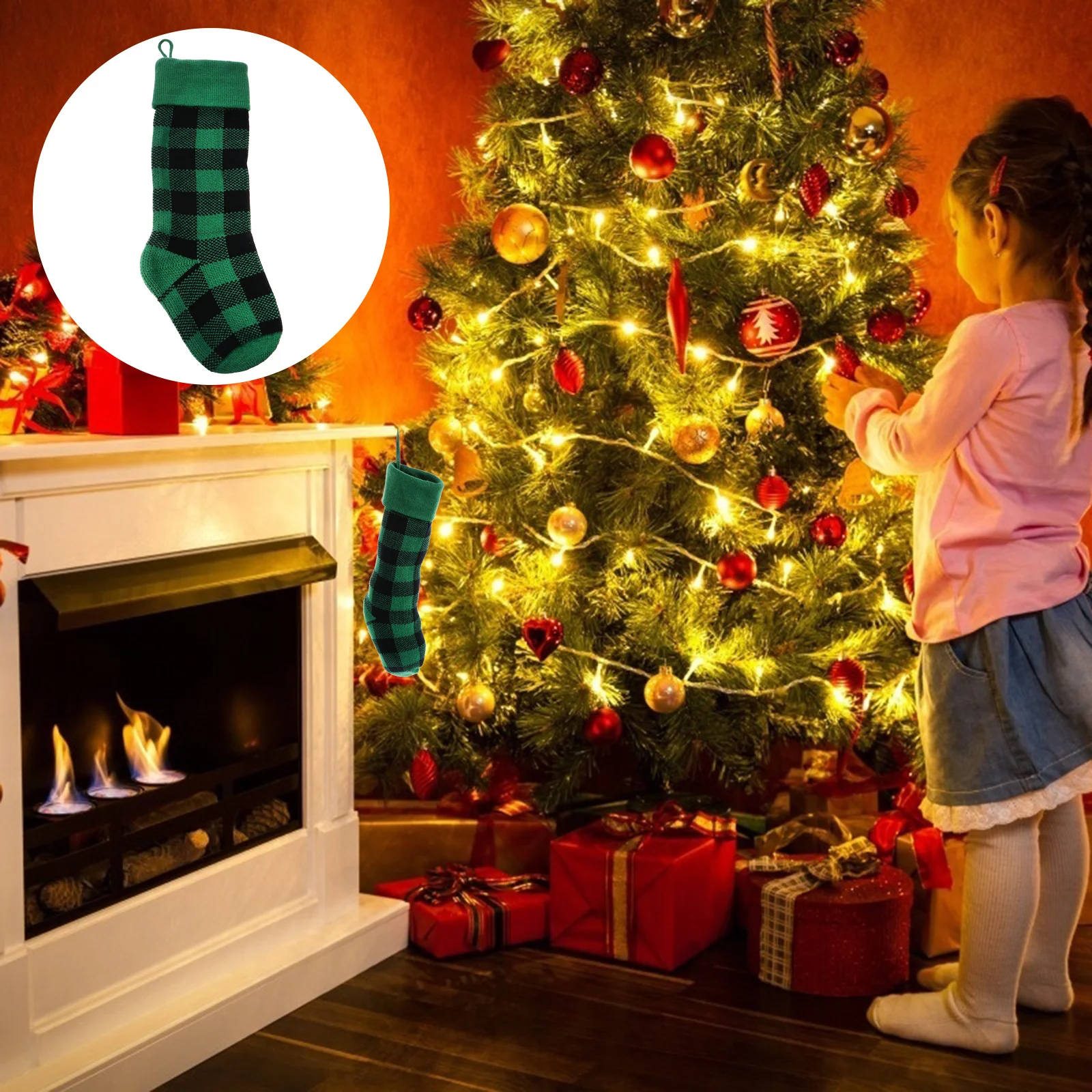 

1Pcs Christmas Stocking Hanging Gift Bag Plaid Candy Sock Candy Pouch Decorative Storage Bag for Holiday Party Supplies