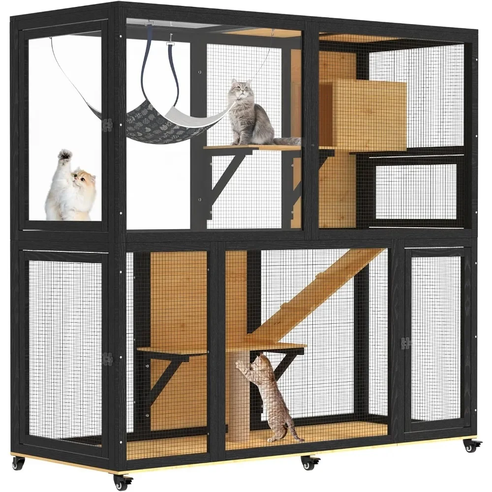 

Catio Indoor Cat Enclosure on Wheels, 2-Tier Large Cat Catio for Multiple Cats, Wooden Kitty Cage with Resting Box, Platform