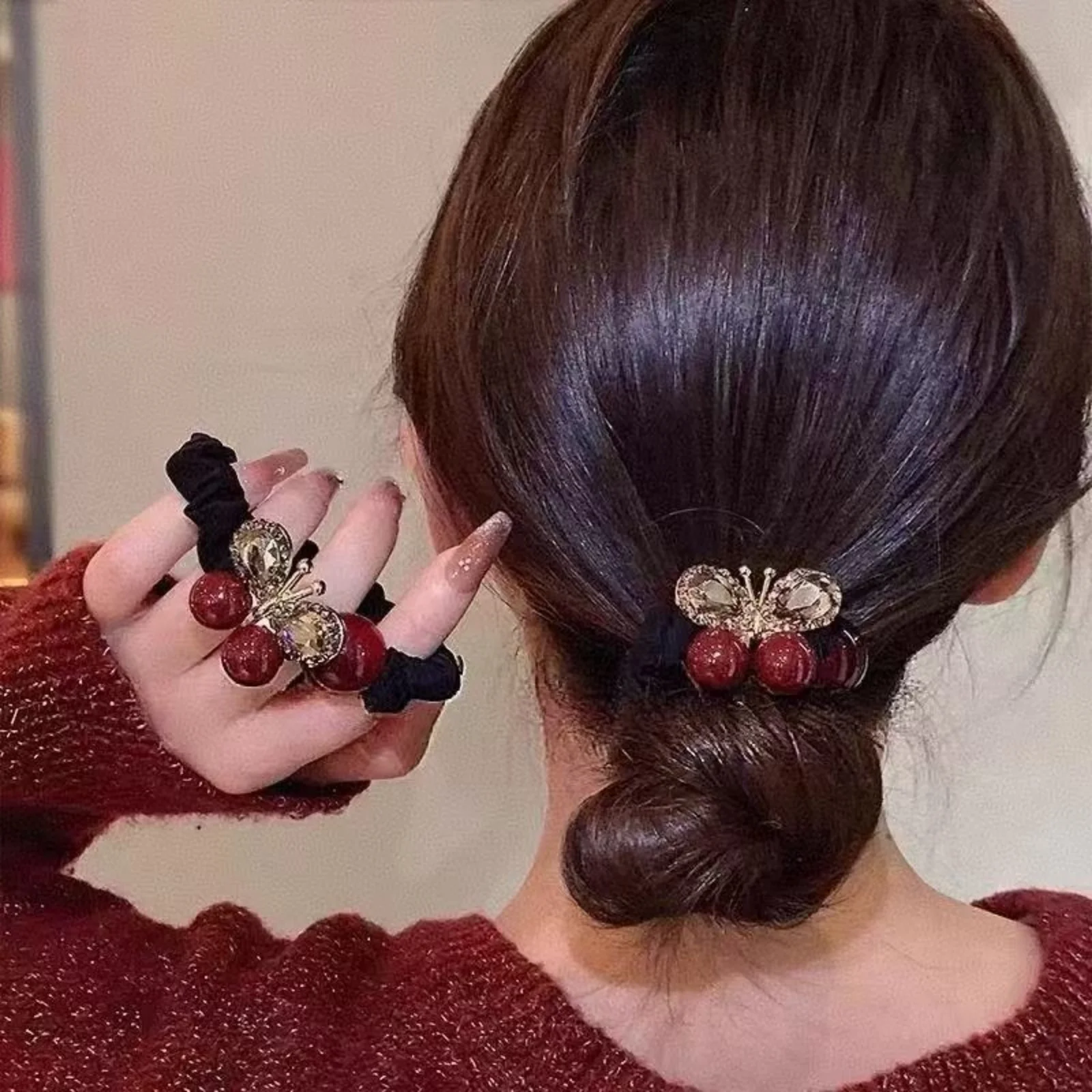 1 STÜCK Roter Schmetterlings-Perlen-Haargummi, hochwertiges elastisches Haargummi für Frauen, langlebiges Haarband für Pferdeschwanz-Dutt, Haar-Accessoire