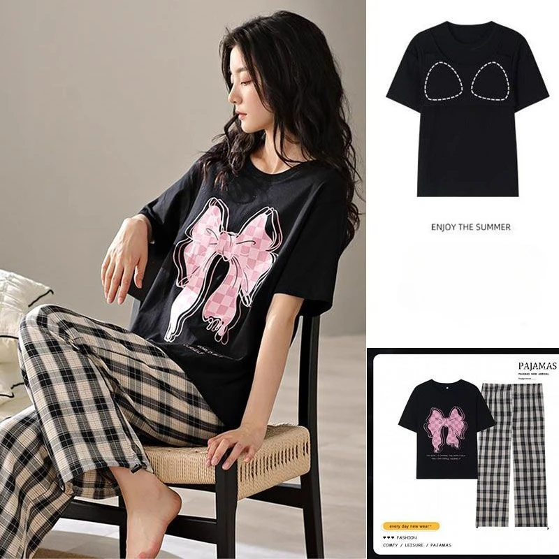 With Chest Pad Pajamas Women's New Summer Can Be Worn Outside The Anti-convex Point Home Clothes Simple Short-sleeved Trousers