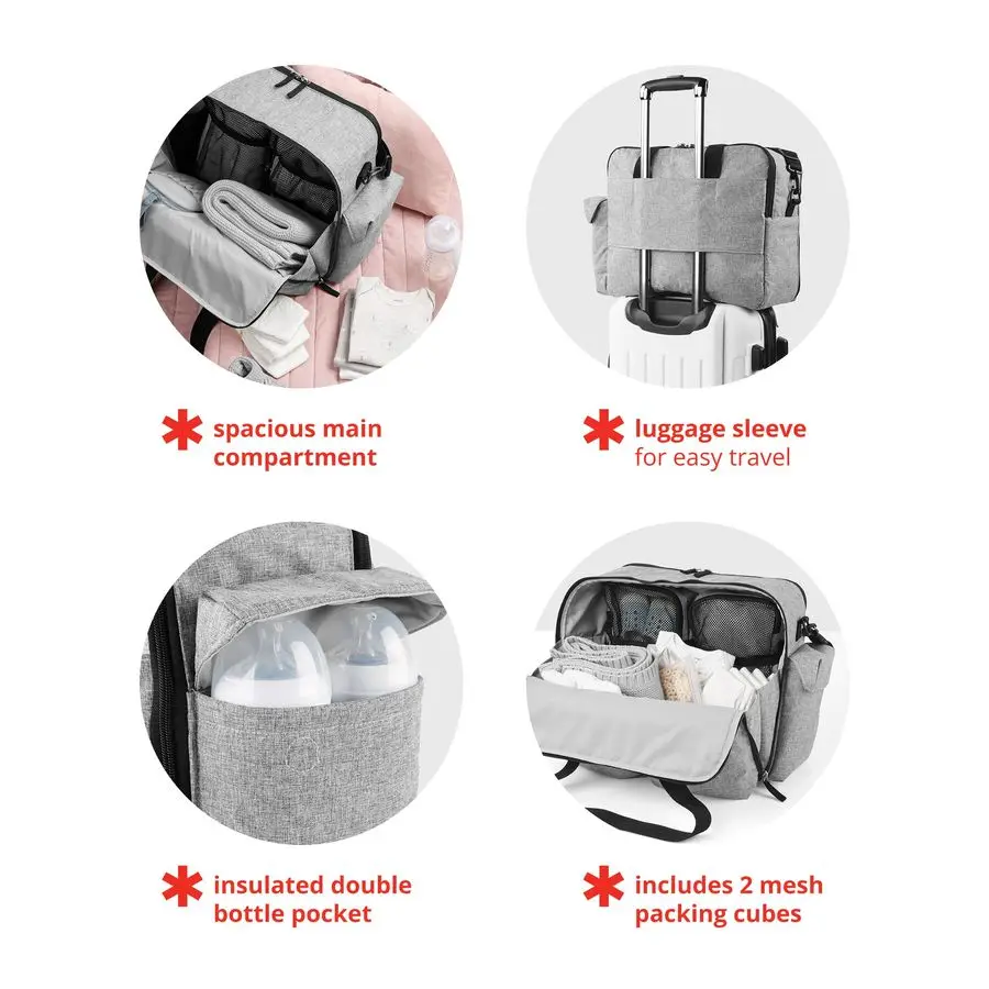 

Hop Diaper Bag Iconic Duo Weekender, Extra Large Capacity with Changing Pad amp Stroller Attachment, Grey Melange