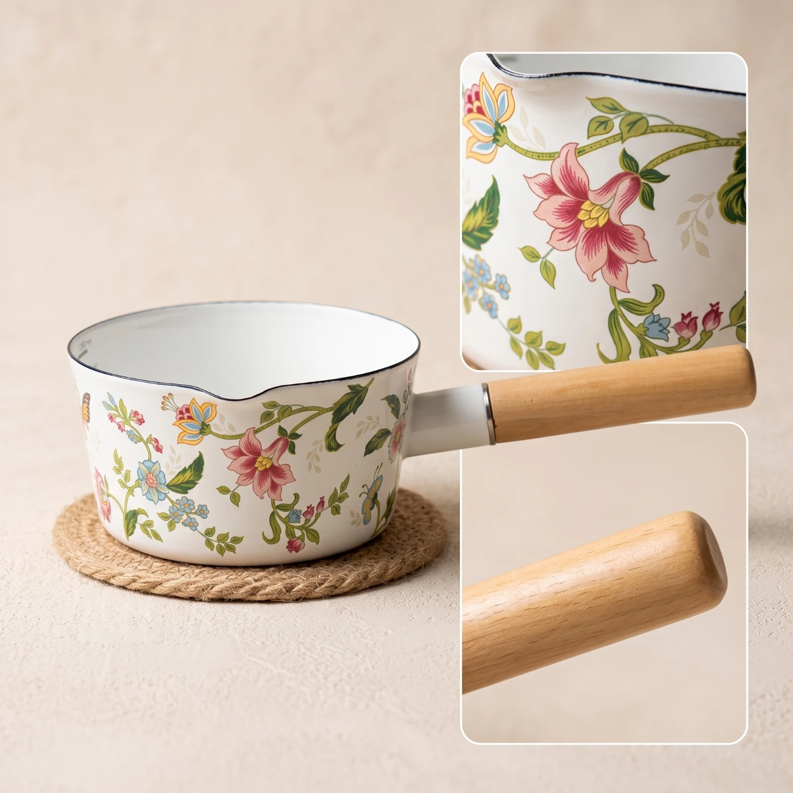 Enamel Milk Pan Gas Range Compatible Milk Pan with Wooden Handle Enamel Saucepan with Wooden Handle Glossy Cookware Compact