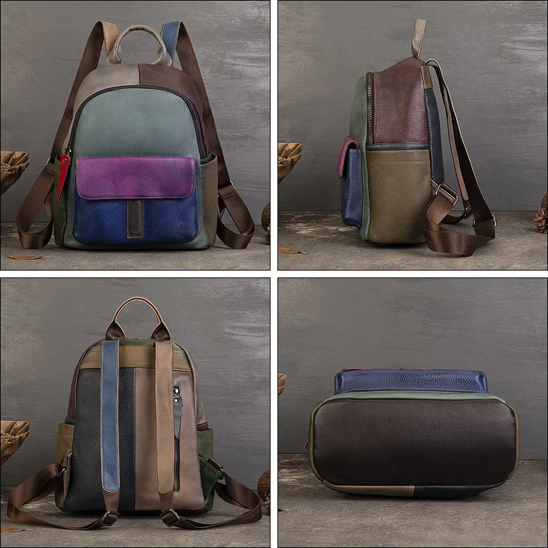 Soft Daily Genuine Leater Backpack Women Spacious Multi Pockets Fashion Patchwork Cow Leather Knapsack For Travel College
