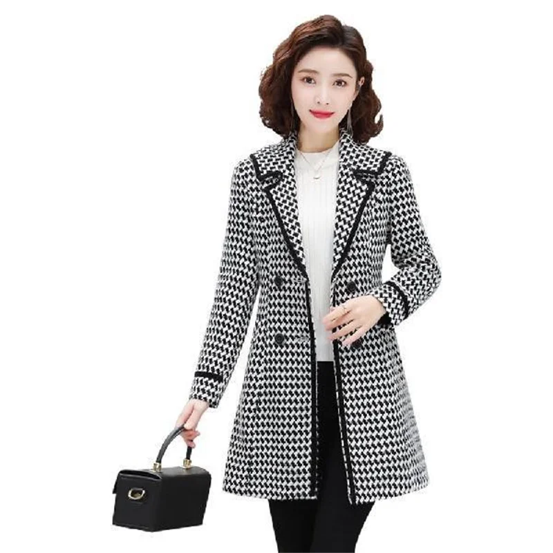 Windbreaker Mid-Length Coat Women's 2022 Autumn New All-Match Korean Version Slim Fashion High-End Houndstooth Coat Coat Women W