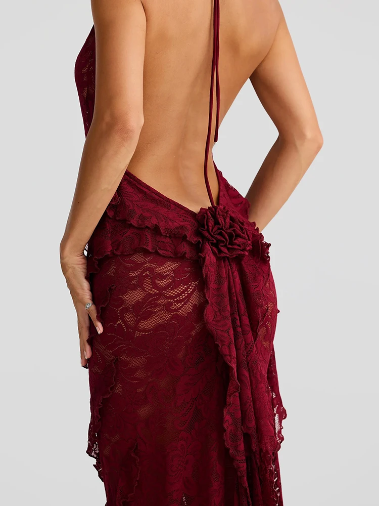 JULISSA MO Sexy Backless Sheer Lace Halter Women Dress Black Spaghetti Strap Ribbon Dress Summer Slim Elegant Party Beach Dress