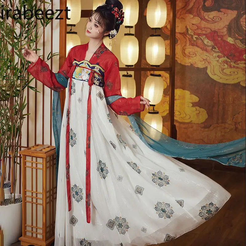 Original Tang Dynasty Thin Chest-length Skirt and Blouse Mid-Autumn Festival Set Girl Daily Chinese Traditional Dress Red Hanfu