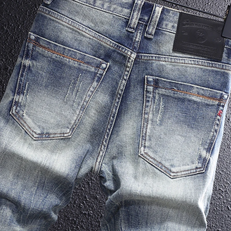 Fashionable and trendy men's jeans retro washed blue elastic slim fit retro jeans men's print patch designer high-quality denim