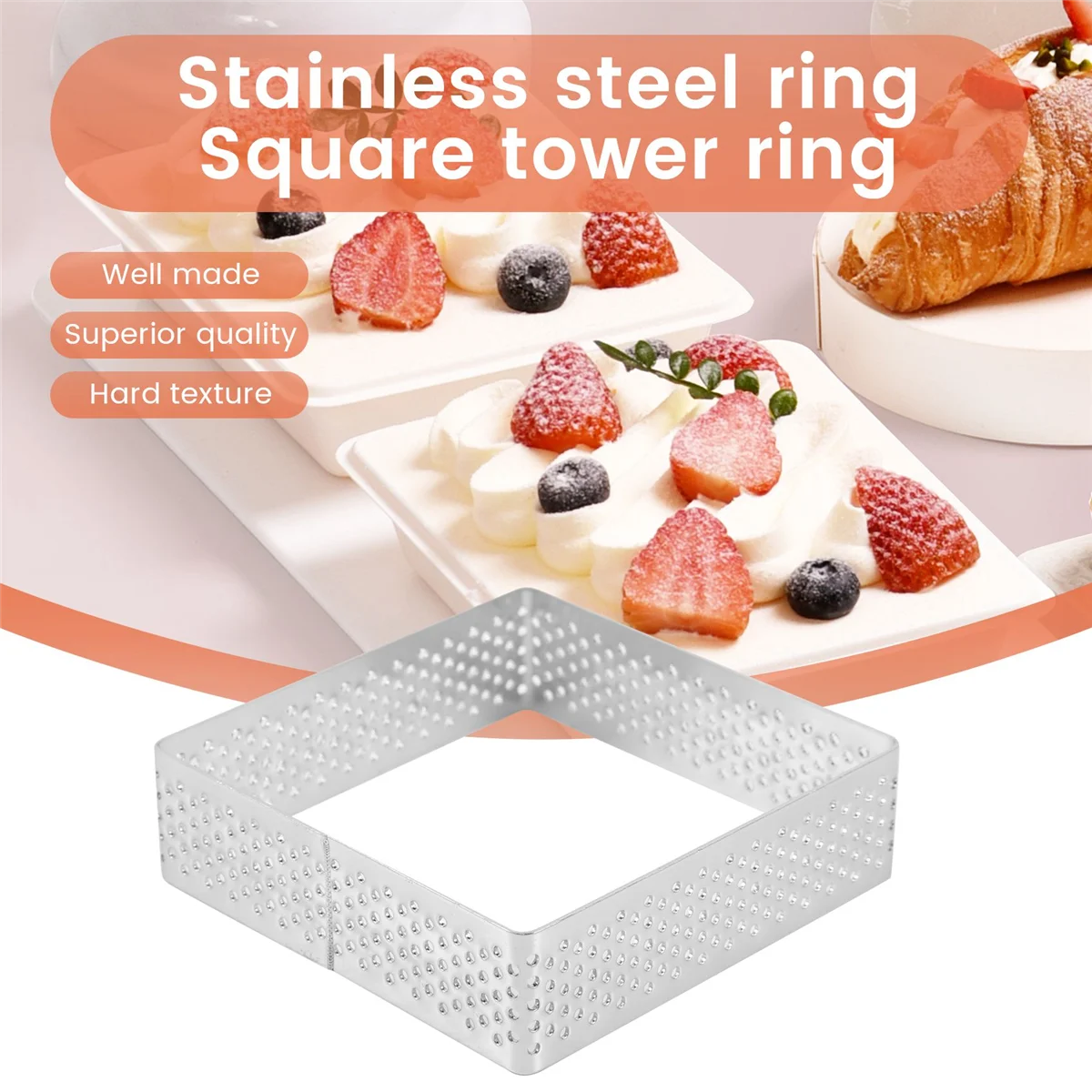 Perforated Tart Ring Stainless Steel Tartlet Molds Square Shape Mould Cake Circle French Pastry Baking Tool, 5 Pack