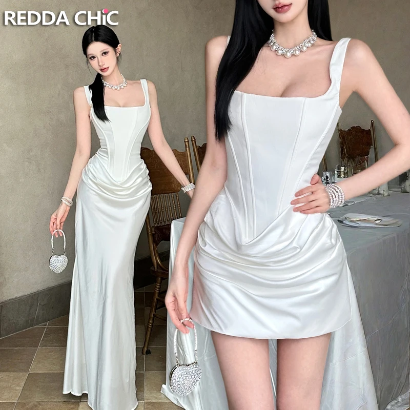 

ReddaChic Satin White Evening Dress Hotties Slim Square Neck Boned Corset Maxi Fishtail Bodycon One-piece Homecoming Costume