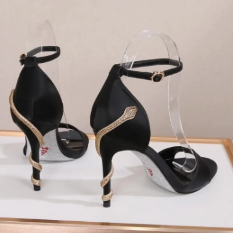 

New Summer Women Stiletto Luxury Rhinestone Open Ankle Buckle Stiletto Party Shoes Golden Snake Wrapped High Heels Women Sandals
