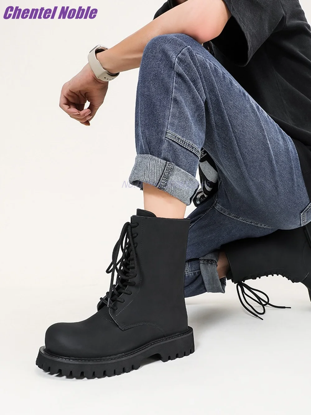 

Big Round Toe Lace-Up Boots Solid Black Flat Men Shoes Spring Winter Fashion Street Style Dress New Arrival Luxury Mid-Calf