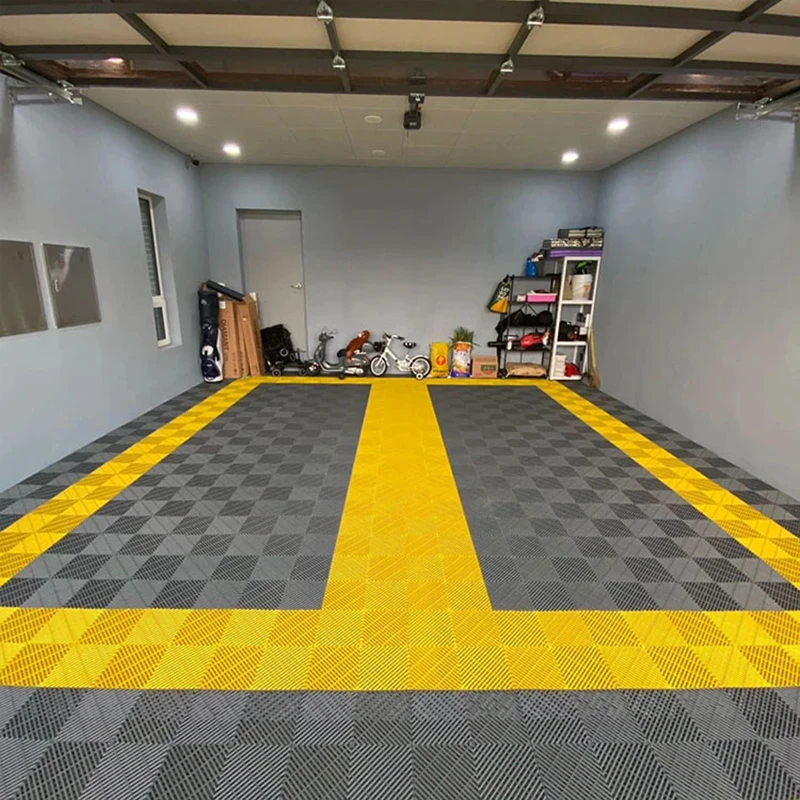 Portable Plastic Garage Flooring Tiles, Modular Anti-Slip Pp Floor Mat, Drain Grate, High Tensile Strength, Car Wash Room, Shop