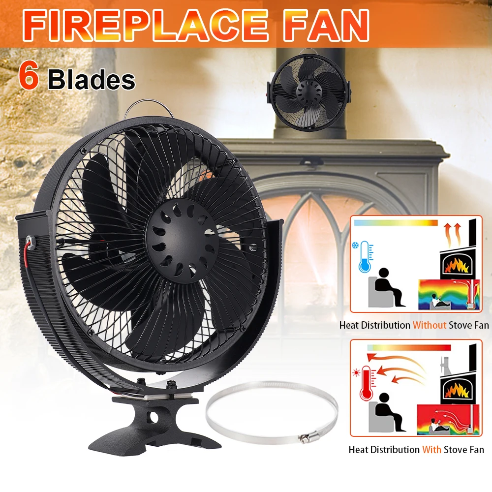 

Wall Mounted and Standing 6 Blades Heat Powered Stove Fan Log Wood Burner Fireplace Fan Eco Quiet Black Heating Fan With Cover