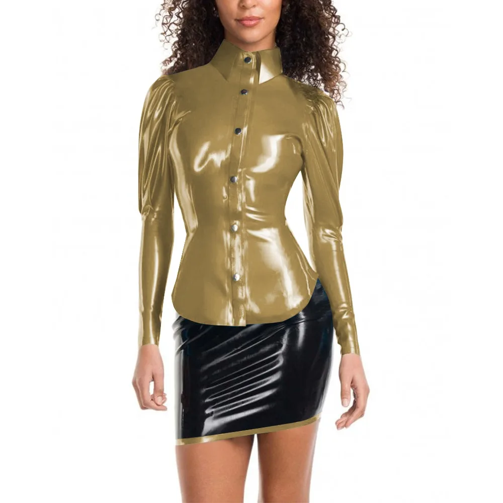 Conjunto de dos piezas de camisa de un solo pecho para mujer, blusa Sexy de cuero brillante de PVC, blusa con botones de manga larga, minifalda ajustada, traje para discoteca