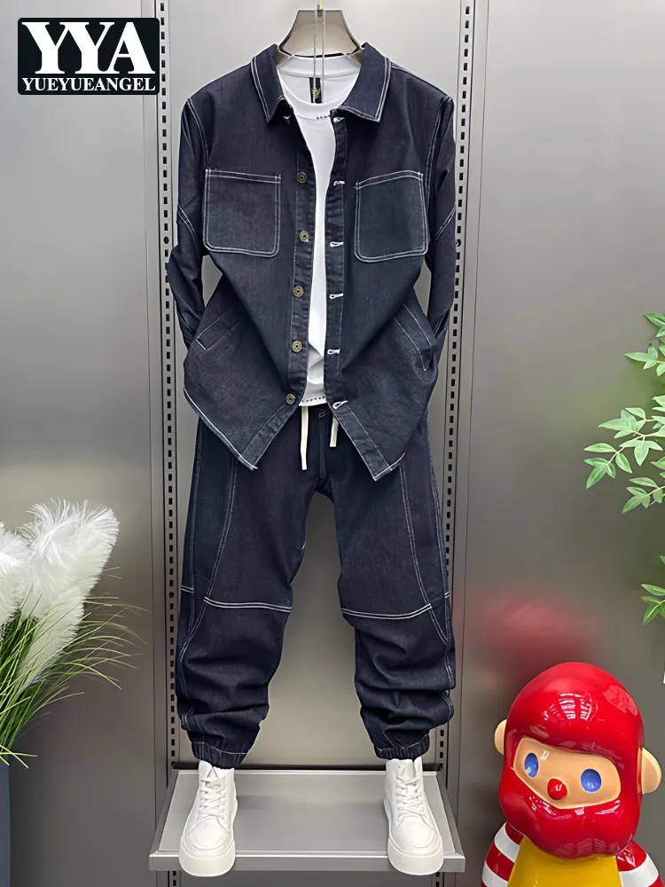 Autumn Stand Collar Men Denim Jacket Sets Loose Fit Single Breasted Coat Two-Piece Set Ankle Length Trousers Joggers Pant Outfit