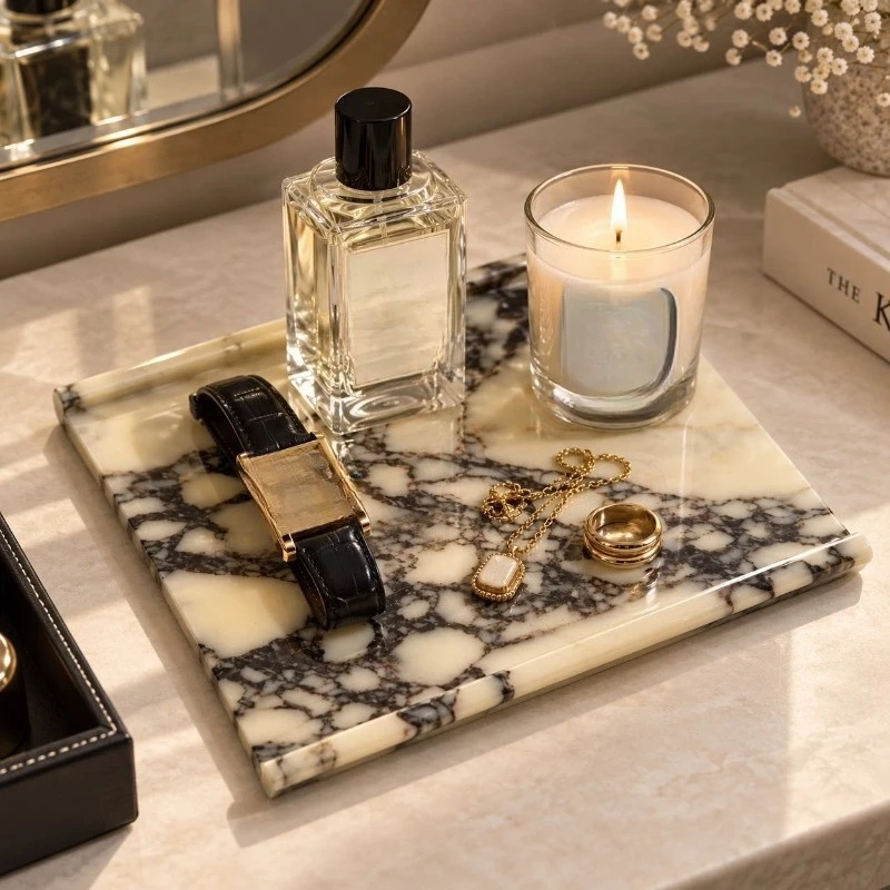 Natural Marble Light Luxury Tray, Double Curling Edge Desktop Storage Tray for Perfume, , Home Decorative Ornament
