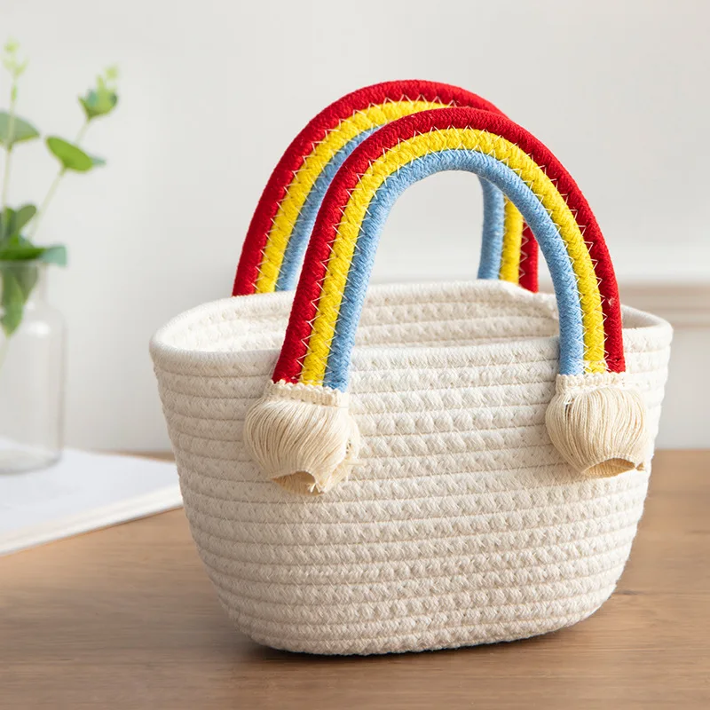 New Fruit Baskets Cute Rainbow Clouds Woven Handbag 2024 Cotton Beach Holiday Snack Storage Basket Fruit Basket