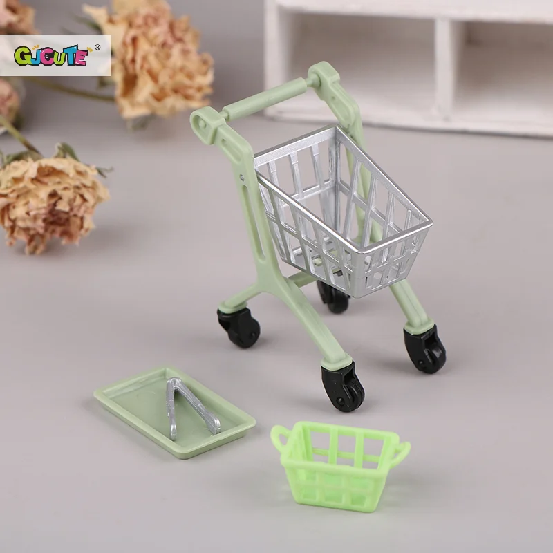 1/12 Dollhouse Simulation Shopping Trolley Basket Food Clip Tray Miniature Cart Dolls House Supermarket Decoration Accessories