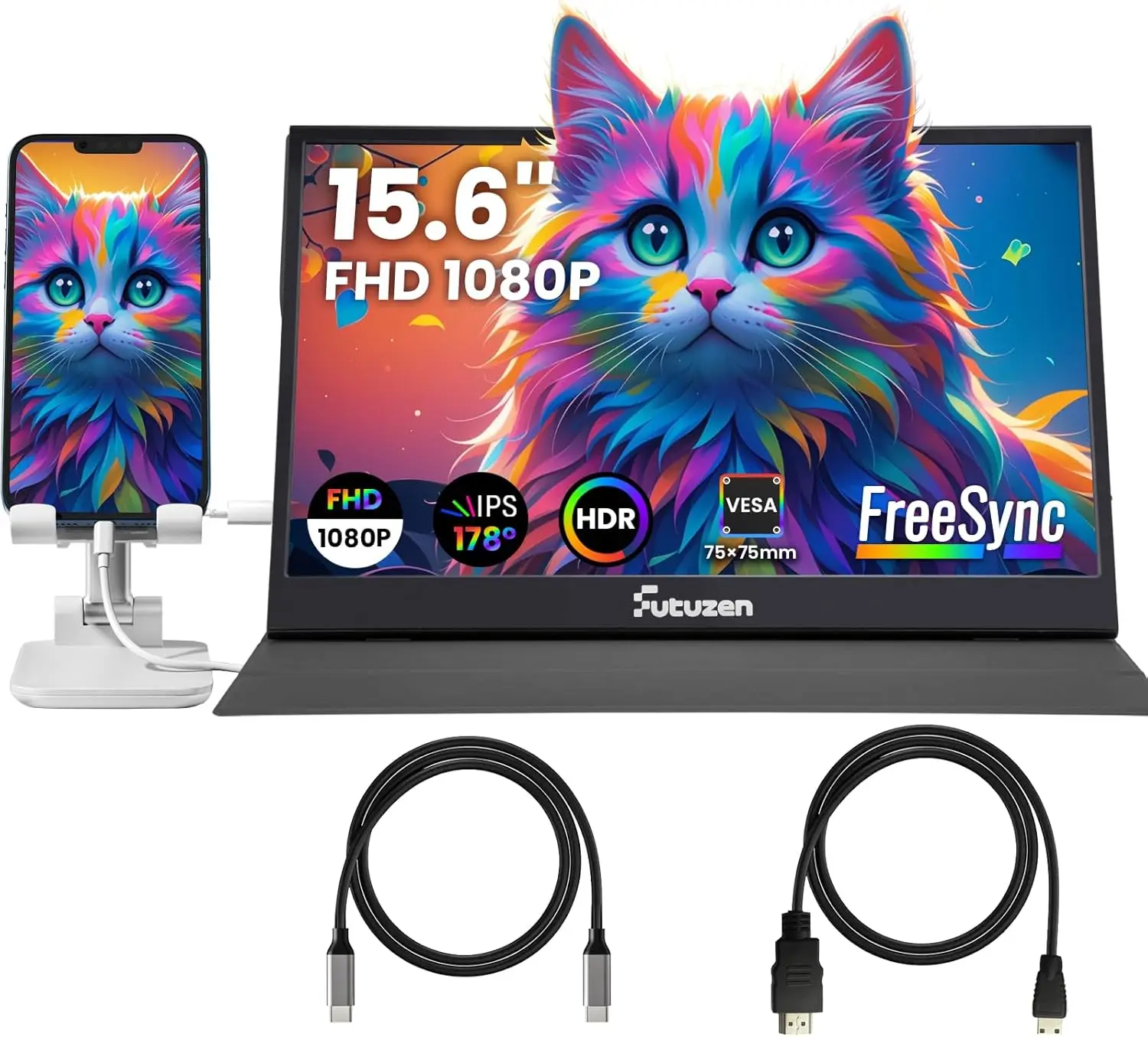 

15.6" 1080P Portable Monitor for Laptop/Mac/Phone, Dual USB-C & Mini HDMI, HDR, Ultra-Light with Leather Cover & Speakers