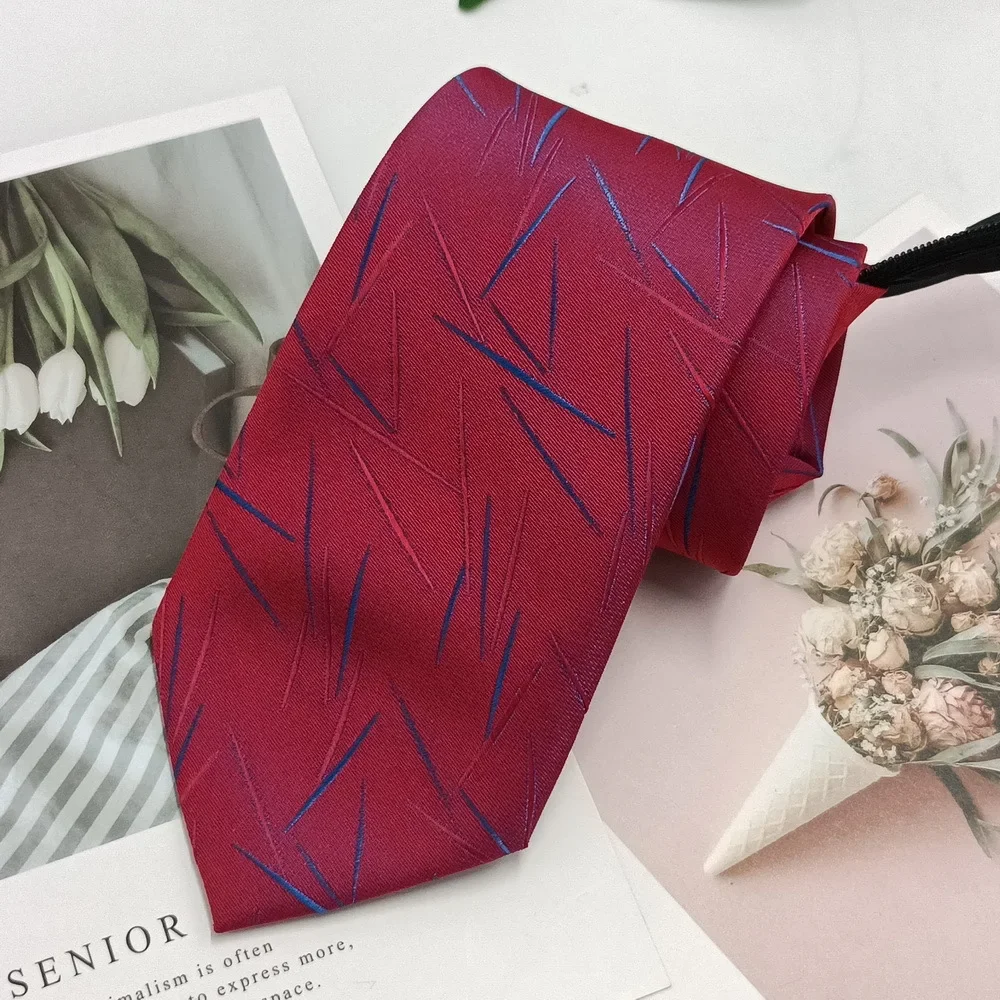 Men's Red Zipper Tie Free Style Groom and Best Man Business Casual Tie Stripe Yarn Weaving 8cm