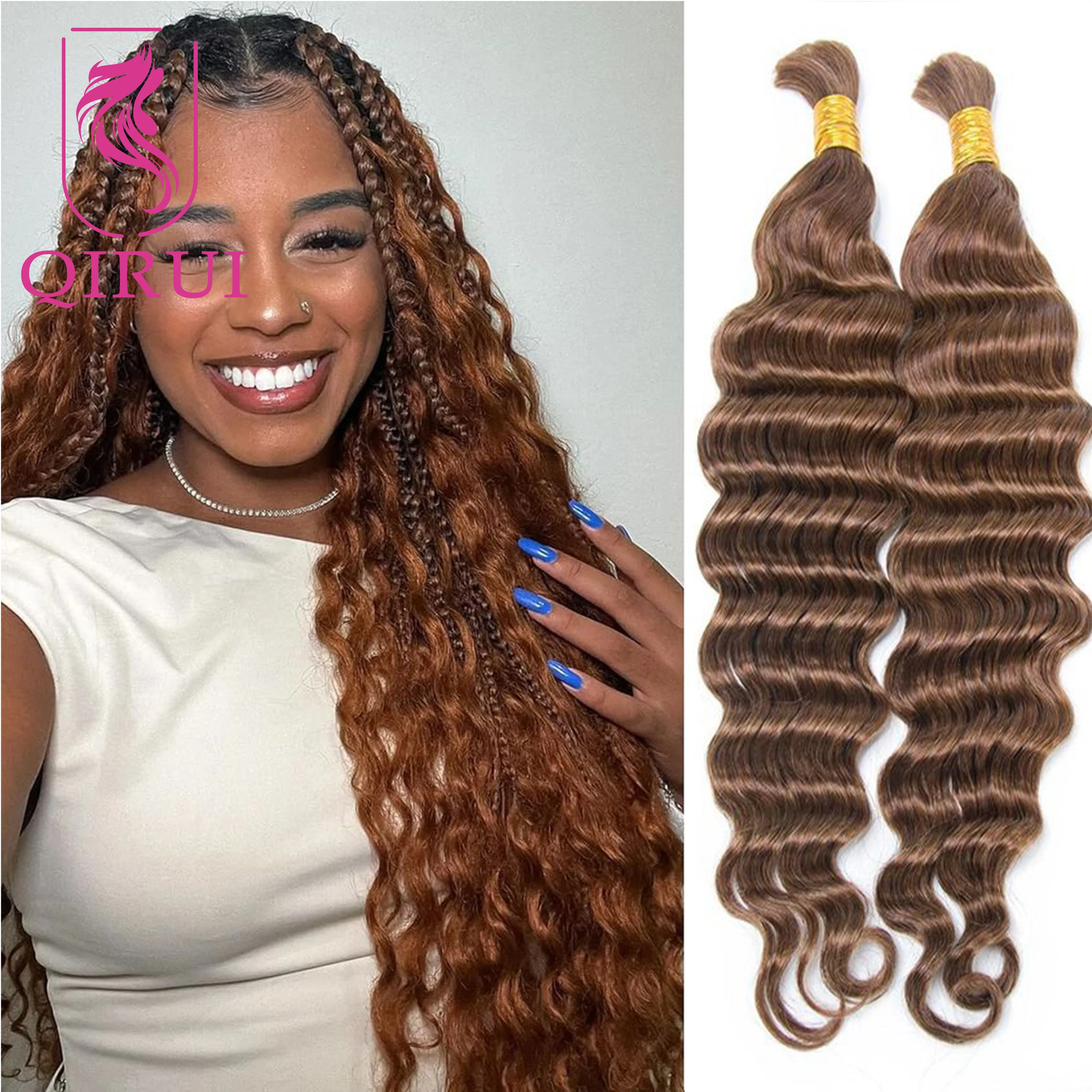 Bulk Human Hair For Braiding Color #30 Deep Wave Bulk Hair For Boho Braids Light Brown Bulk Human Hair Bundles Wholesale