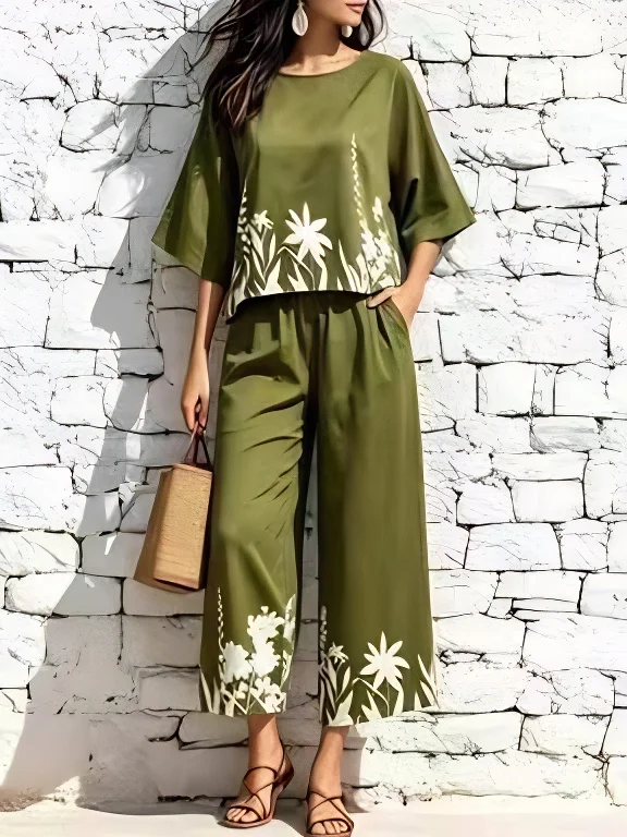 Damen Zweiteiler mit Blumenmuster, 3/4-Ärmel-Oberteil, Weite Hose, Lässiges Urlaubs-Outfit – Detail 6