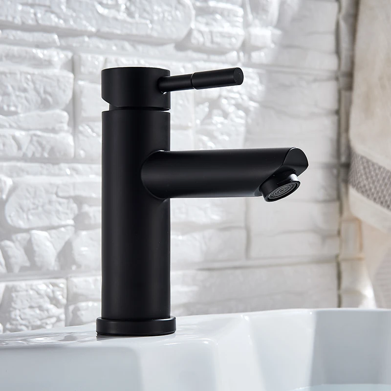 

Matte Black Bathroom Sink Faucet Deck Mounted One Hole Cold and Hot Water Basin Mixer Tap Stainless Steel Washing Taps