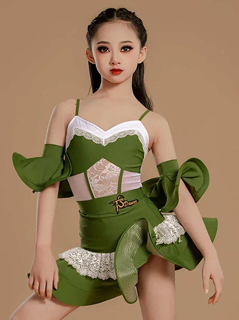 

Green Latin Dance Costume for Girls Kids Training Performance Lace Sleeveless Jumpsuit and Big Swing Skirts Children Dancewear