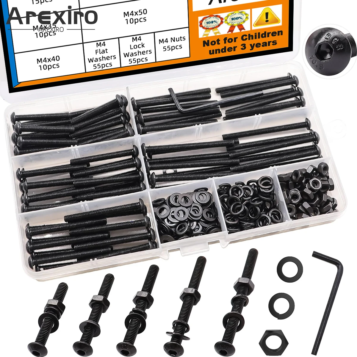 

220Pcs BlackM4 Button Head Hex Socket Metric Screws Bolts Nuts Washers Assortment Kit M4x30/35/40/45/50mm10.9 Grade Carbon Steel