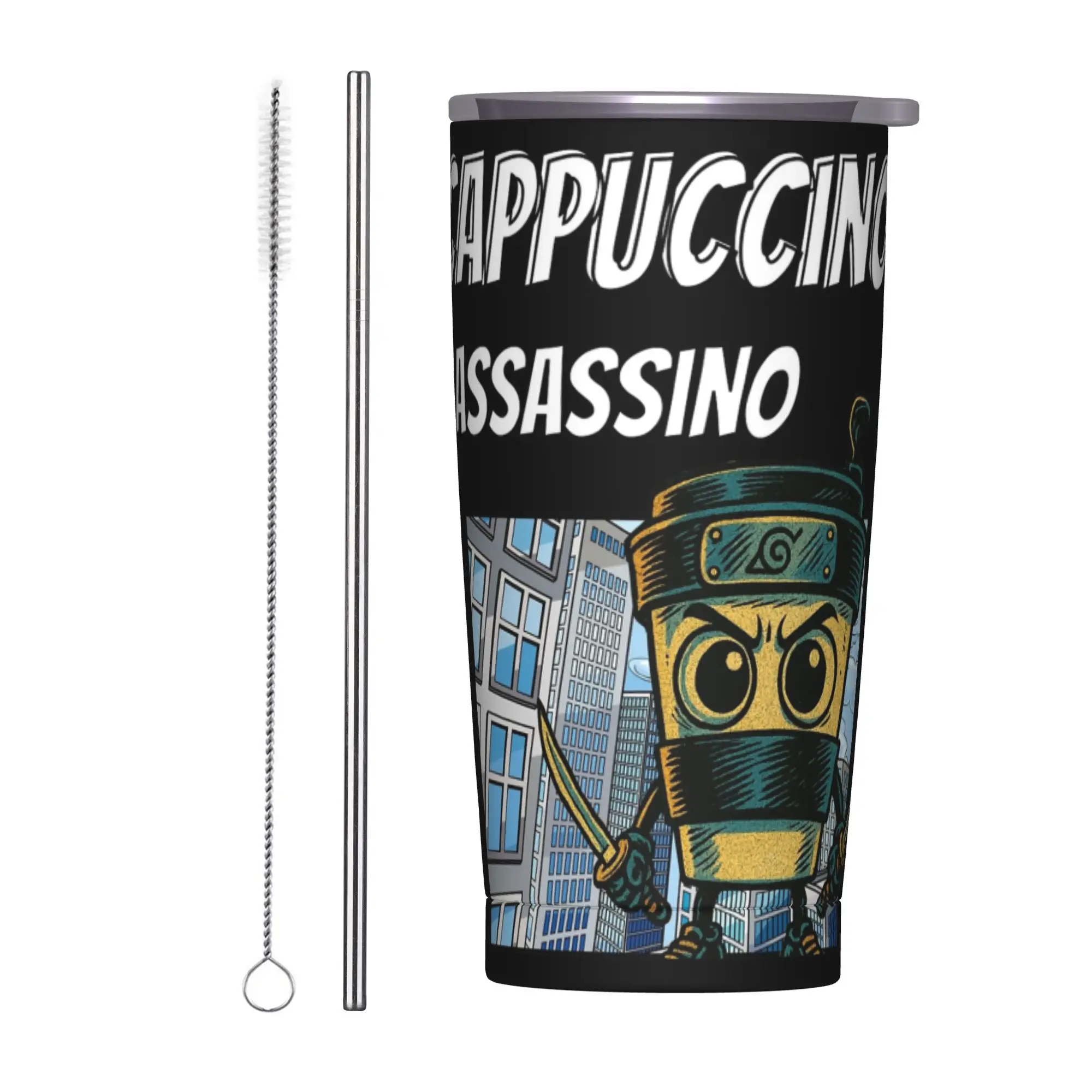 Cappuccino Assassino 90's Comic Italian Brainrot Insulated Tumbler with Straws Stainless Steel Coffee Mugs Bottle Cup, 20oz