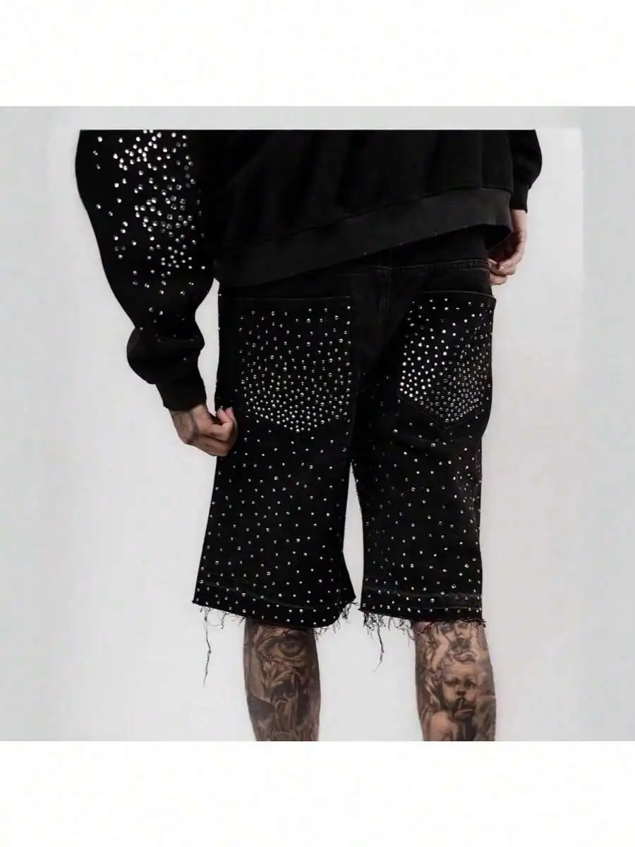 

Mens Vintage Black Rhinestone Denim Shorts Distressed Frayed Hem Baggy Gothic Streetwear Jorts