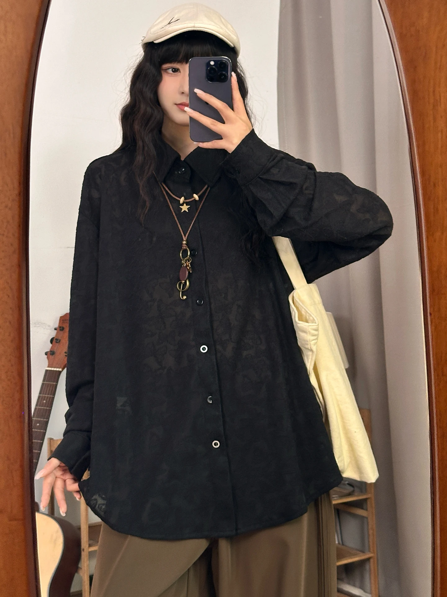 

Original Japanese Sle Long Sve Loose Casual irt Women's New Lazy Sle Top Emed Flower Pring Polyester Fiber