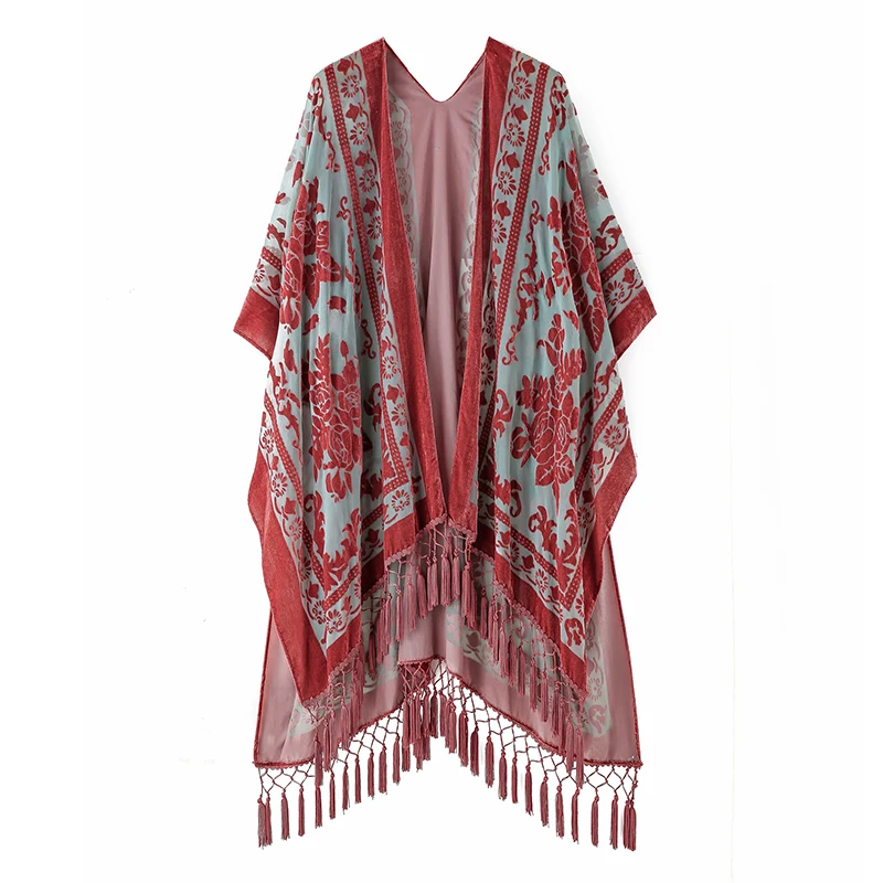 WeHello-Bohemian Long Cardigan for Women, Velvet Kimono, Bohemian Cardigan with Tassel, Beach Cover-up, Shawl JYPF-5