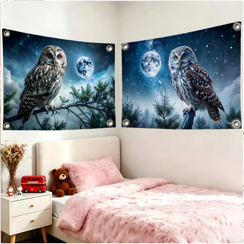 Quirky Nocturnal Owl Pattern Flags Borderless Four Ring Ornament Indoor Outdoor Decoration Quick Hang Install