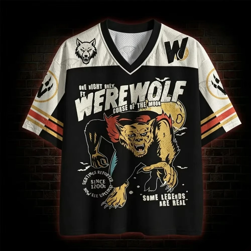 Retro Werewolf Print Hockey Jersey Men Women  Options V-neck Mesh Short Sleeve Shirt Monster Legend Streetwear Oversized Tee