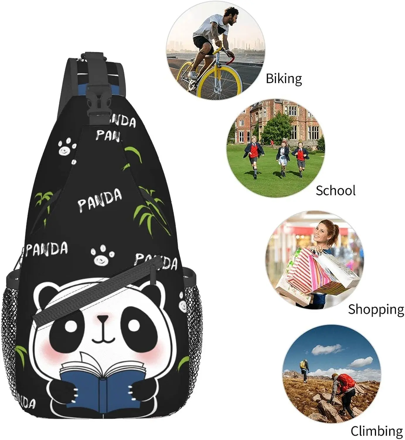 Cartoon Panda Bamboo Sling Bags Shoulder Backpack Crossbody Men Women Gym Climbing Runners Cycling Travel One Size