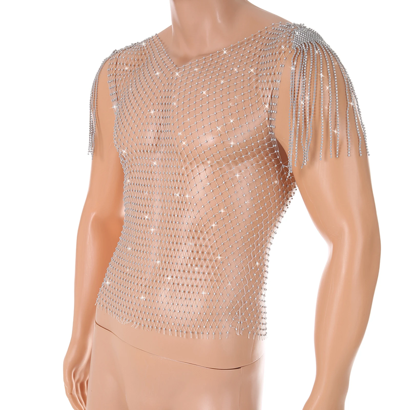 

Прозрачная футболка с кисточками, блестящие стразы, сетка, полая, открытое тело, короткий топ для вечеринок, танцев, клубной одежды, кроп-топ, аксессуары для рейва
