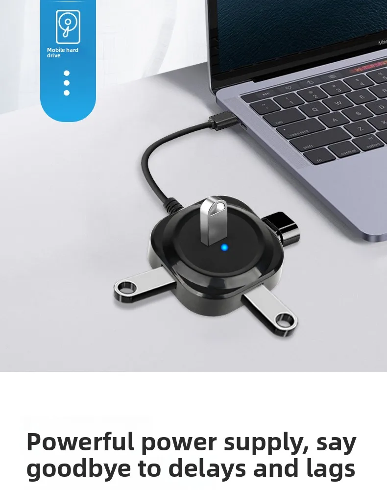 4-Port USB 2.0 Hub, Runde Form USB-Verteiler Eins zu Vier, Typ-C zu USB-Hub Hochgeschwindigkeits-Expander für Laptop PC – Detail 3