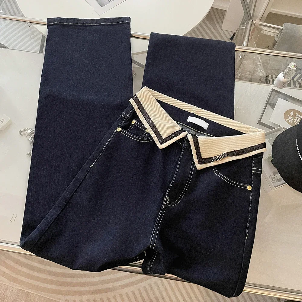 

Cuffs Design Dark Blue Jeans Women's American Streetwear Style Pants Female High Waist Straight Wide Leg Pants Denim Trousers