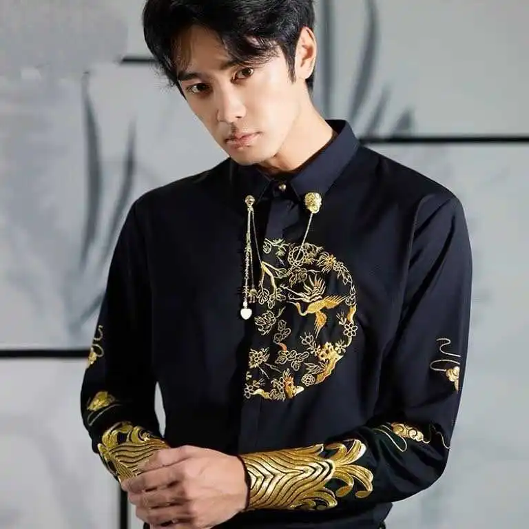 

Elegant Embroidered Long Sleeve Men's Shirt Slim Fit Casual Style Spring Autumn Fashion Trendy Chinese Style Collar Button down