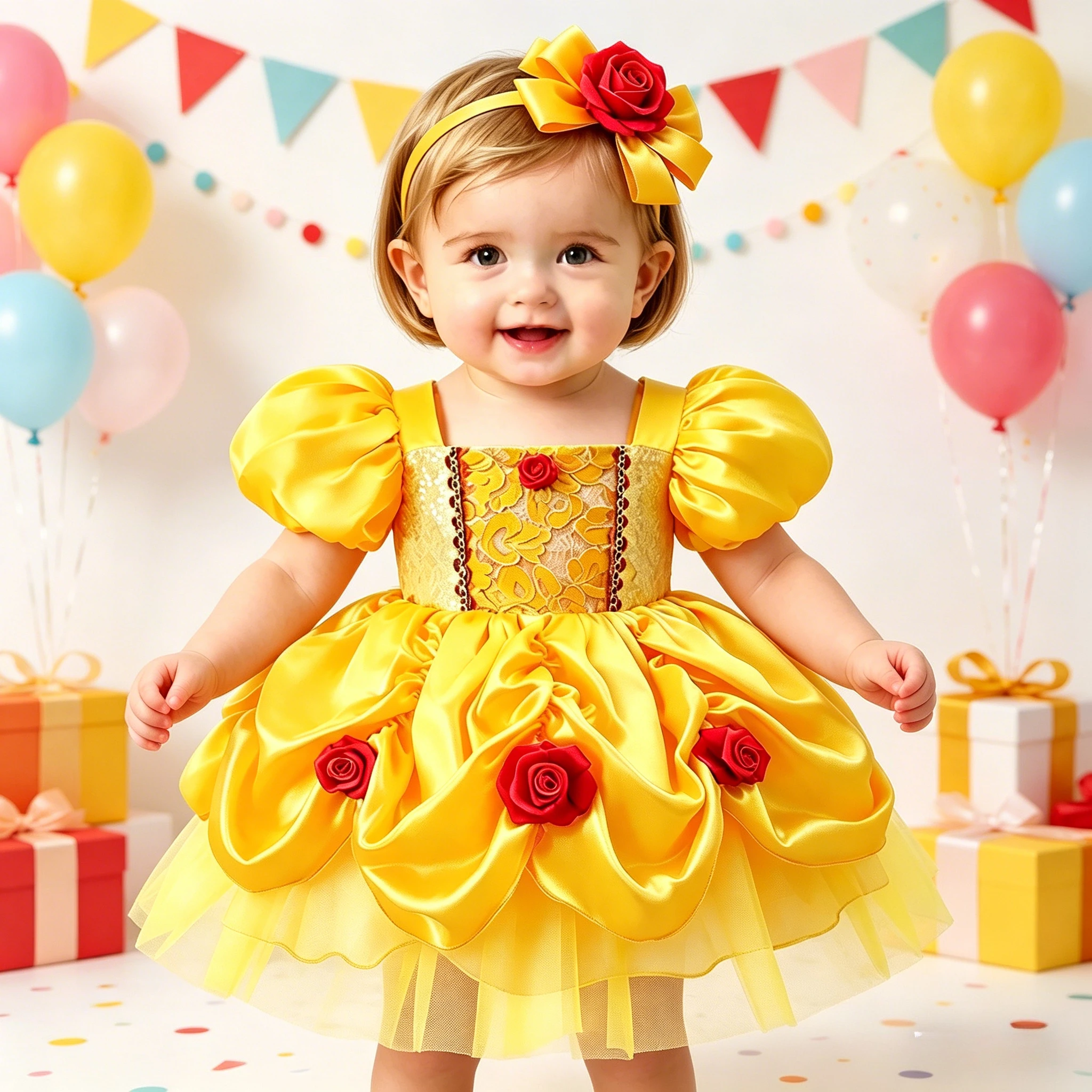 Mädchen Taufkleid Prinzessinnen-Kostüm mit Roter Rose und Gelben Blumen für Geburtstagsfeiern und Sommer XMZ65