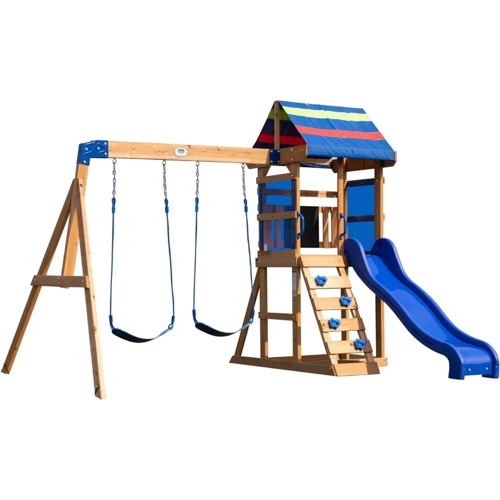 Swing set, large upper deck with canopy, sandbox, rock wall, slide, two free swings for transportation