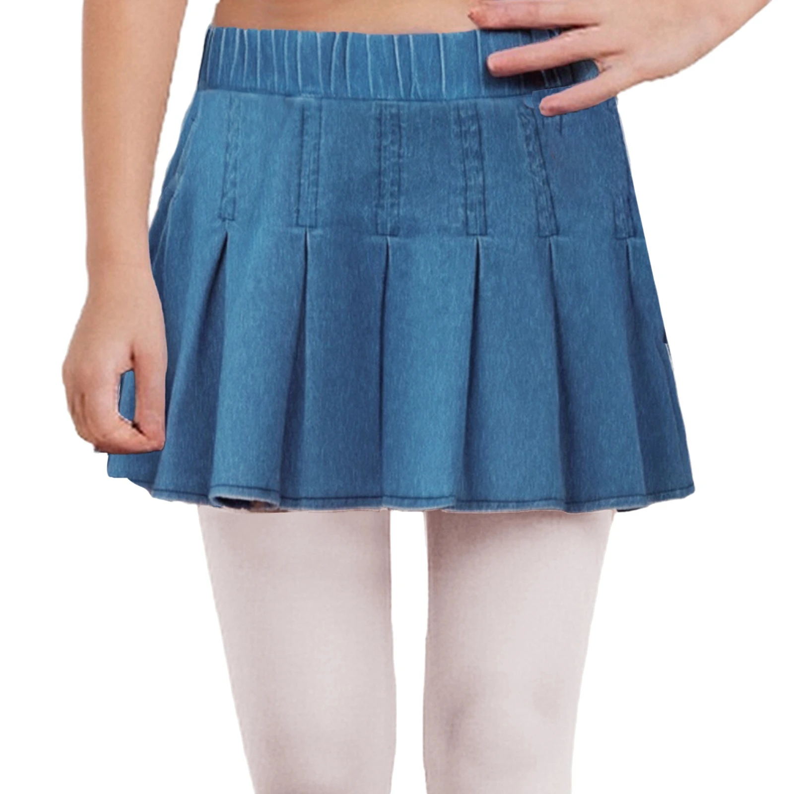 تنورة مطوية من قماش الدنيم للفتيات الصغيرات، تنورة قصيرة كاجوال عالية الخصر بحزام مطاطي على شكل حرف A لقضاء العطلات وحفلات أعياد الميلاد والعطلات على الشاطئ #3