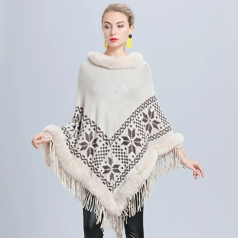 6 Color New Winter Streetwear Women Tassel Cape Printed Poncho Knitted O Neck Fur Sweater Oversize Warm Diamond Beading Pullover