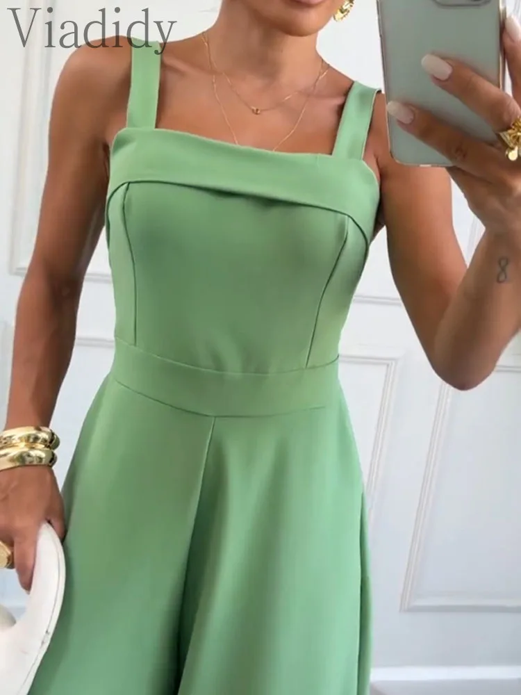 

Women's Thick Strap Square Neck High Waist Jumpsuit Casual Wide Leg Flared Romper